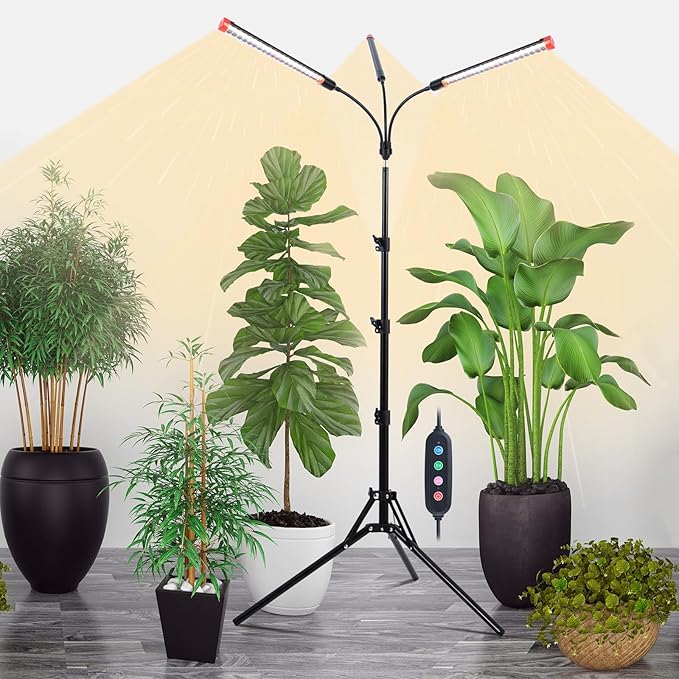 3Head Grow Light with Stand, 5-Mode Timer 4/8/12/16/20H, 27 Watt Power Home Plug LED Grow Lights for Indoor Plants for Tall Houseplants, Bonsai Tree, Seed Starting, 24"-64" Adjustable Height