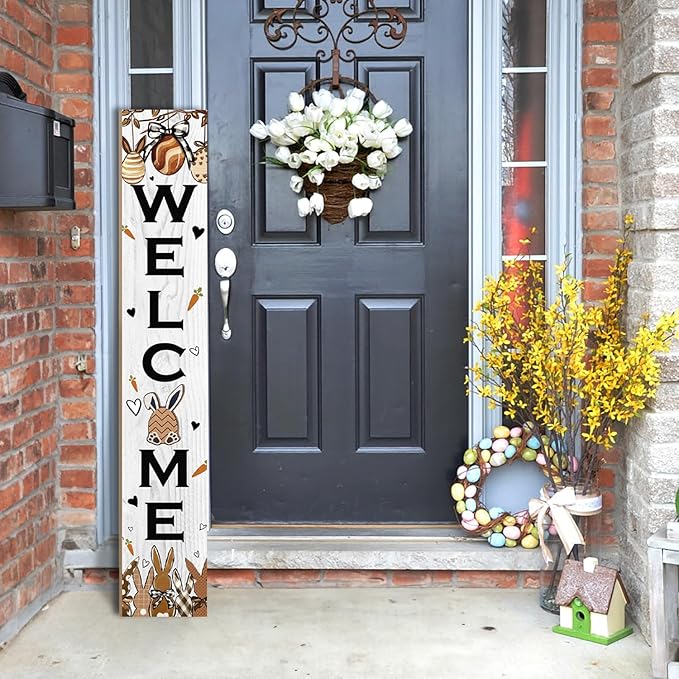 Easter Welcome Sign for Front Door, 47'' Tall Happy Easter Bunny Wooden Porch Sign for Patio, Rabbit Eggs Standing Vertical Door Signs Spring Rustic Yard Signs Seasonal Outdoor Signs for Garden
