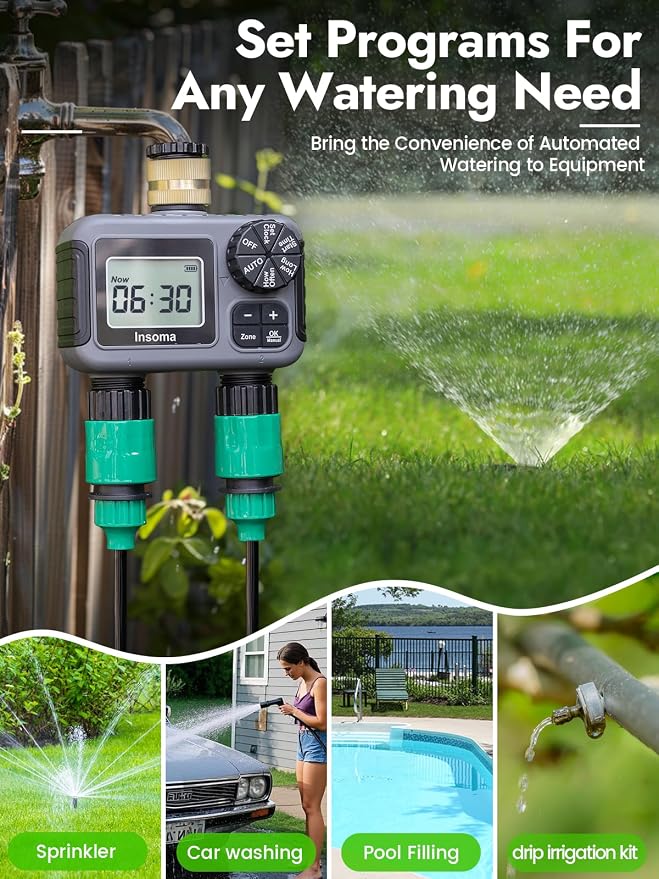 Insoma 2-Zone Hose Timer - Brass Inlet Dual Outlet Sprinkler Timer with Rain Delay/Manual/Auto Modes, 2-Outlet Water Timers for Garden/Greenhouse/Flower Irrigation, Durable Faucet Timers for Lawn Care