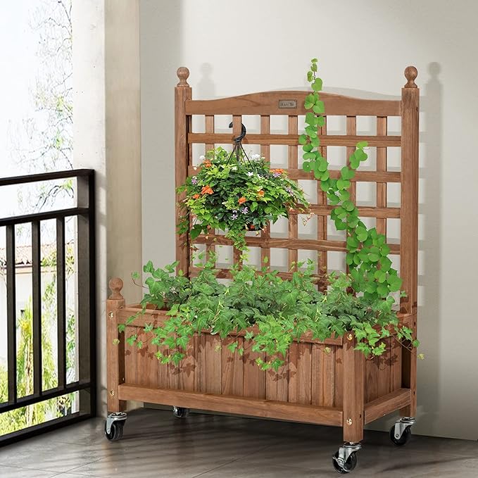 Giantex Set of 2 Mobile Plant Raised Bed, Wood Planter with Lattice Trellis and Wheels, Flower Box for Plant Climbing, Vertical Garden for Balcony Patio Yard, 25"x 11"x 32.5"