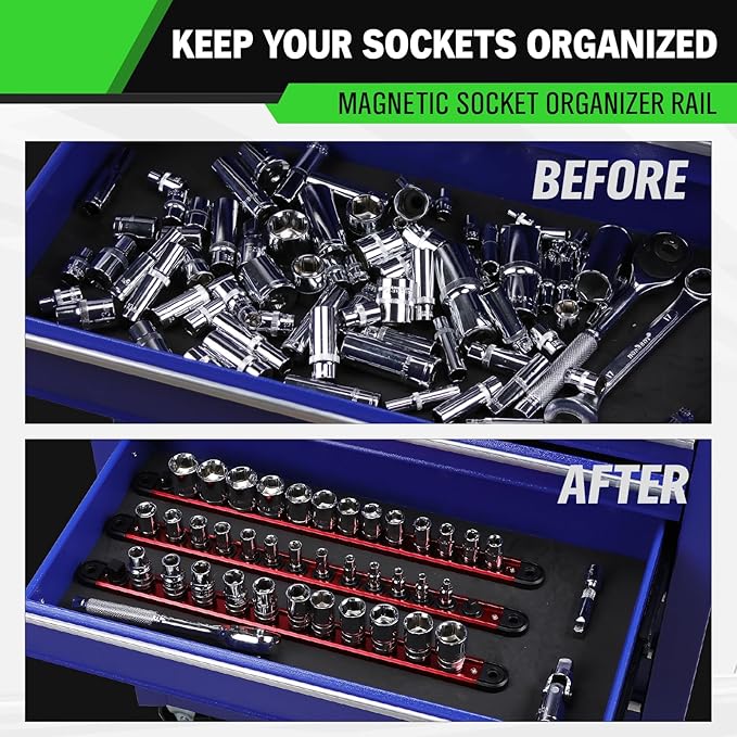 3/8-Inch Magnetic Socket Organizer Rail, Aluminum Alloy Socket Rail, Heavy Duty Sockets Holder with 14 Clips, 360° Swivel Clip Tool Tray, Sockets Organizer for Tool Box Drawer (Red)
