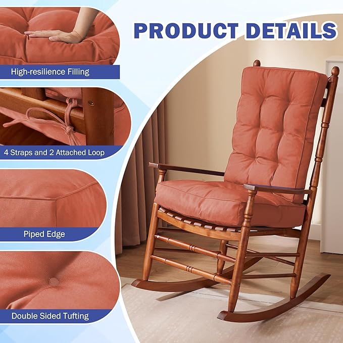 IPYNBAP Rocking Chair Cushion, Waterproof and Fade-Resistant Patio Chair Cushions, Tufted Chair Pads for Rocker Furniture, 17x17 Inch, Indoor/Outdoor Seat Cushions with Ties, Spice