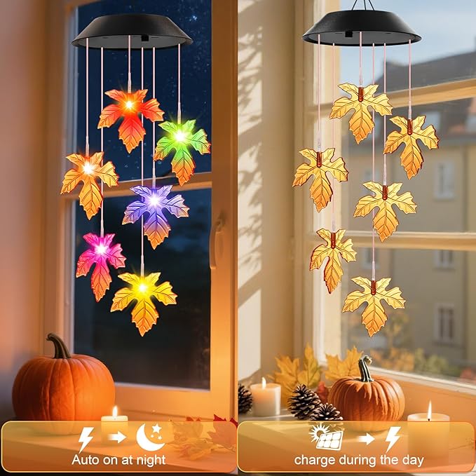 Fall Decor Thanksgiving Decorations Birthday Gifts for Women, Winzwon Solar Lights Outdoor Wind Chimes for Outside Garden Yard Patio Porch Decor Hanging Maple Leafed Halloween Autumn Decorations