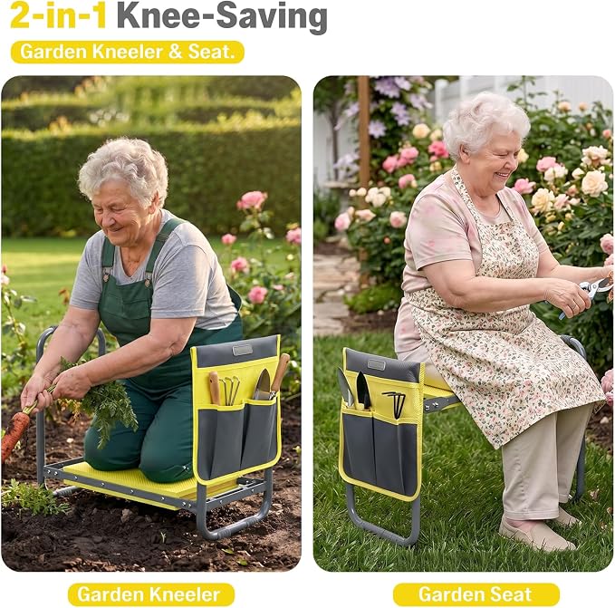 Garden Kneeler and Seat Heavy Duty, Foldable Gardening Stool Bench with Widened Thick Soft Kneeling Pad and Tool Pouches - 2-in-1 Portable Kneeling Device for Seniors (Yellow)