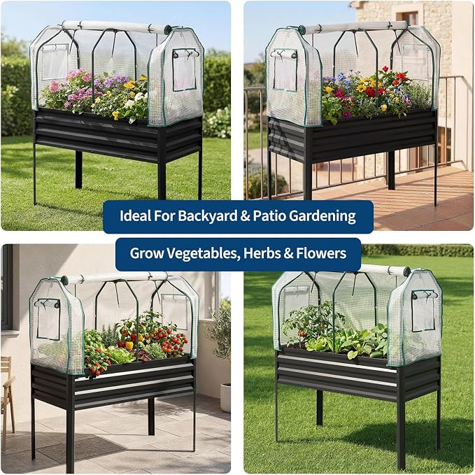 48×24×56in Galvanized Elevated Raised Garden Bed with Legs, Greenhouse Cover & Bird Net, Deep Metal Raised Planter Box for Backyard Patio Balcony Vegetables Herbs Flowers
