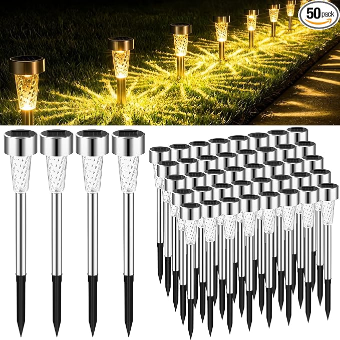 Huquary 50 Pcs Solar Lights Outdoor Waterproof Bulk LED Stainless Steel Solar Outdoor Pathway Garden Landscape Path Lights for Pathway Lawn Porch Garden Walkway Driveway Outside Decor (Warm White)