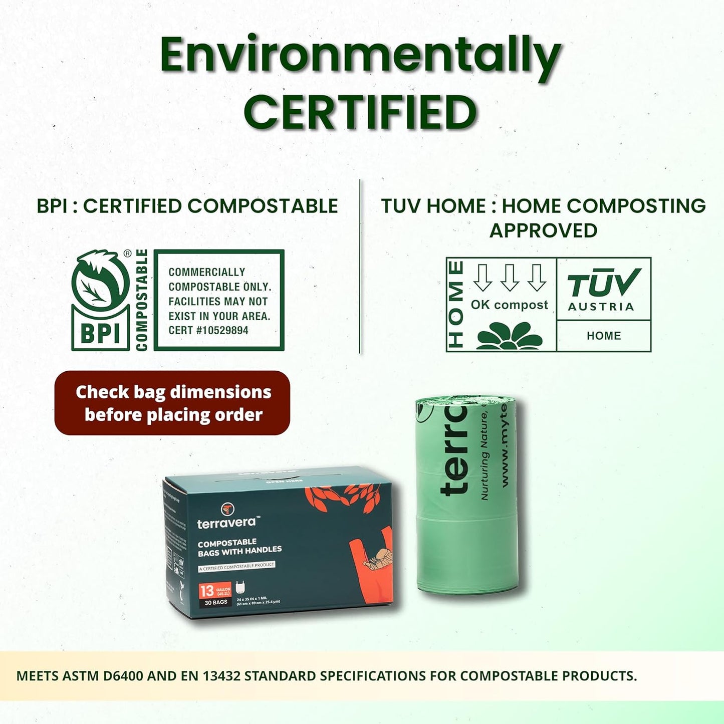 Compostable Trash Bags with Handles | BPI & OK Home Certified ASTM D6400 Standards | Heavy Duty Kitchen & Yard Waste Bags (13 Gallon Flat Top (50 Count) with Gallon Freezer Bags (50 Count))