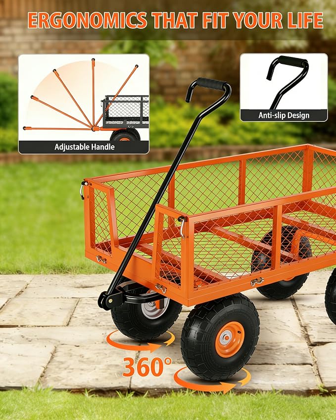 GarveeLife Heavy Duty Steel Garden Cart 900 LBS Capacity 3 in 1 Pullable Garden Wagon with 10 in Wheels for Gardening Soil, Tools, and Plant Transport