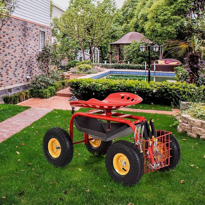Squareful 4 Wheels Garden Cart, Patio Rolling Workseat w/Tool Tray, & Storage Basket, Outdoor Wagon Scooter for Planting, Rubber Tires & Adjustable Height for Lawn, Garden, Patio, Backyard (Red)