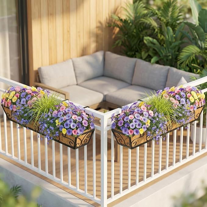 HFHOME 30 Inch Railing Planter Box with Coco Liners and Adjustable Brackets for Porch, Fence, Patio, Balcony Hanging Flower Railing Baskets, Outdoor Garden - 2 Packs
