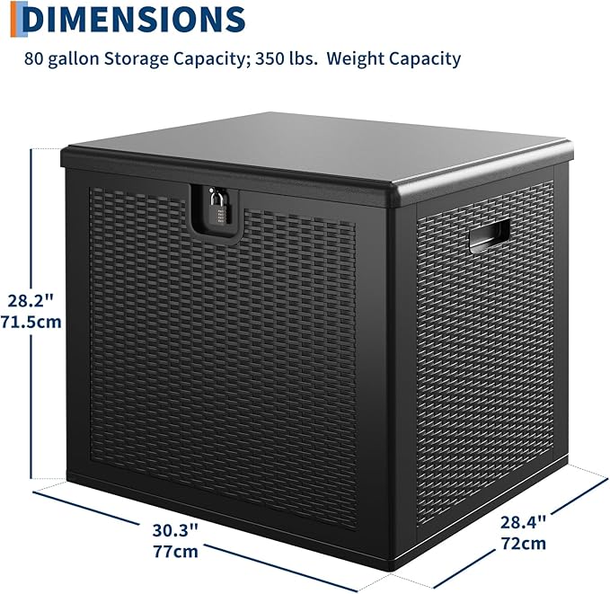 GarveeLife 80 Gallon Outdoor Storage Box, Large Resin Deck Box with Hydraulic Air Rod, Weatherproof & Lockable Outdoor Storage Bin for Patio Cushions, Garden Tools, Pool Supplies, Porch, Black