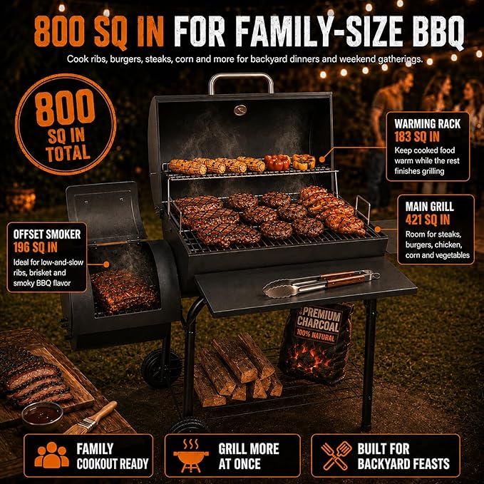 Realcook Charcoal Grill with Offset Smoker: Spacious Barrel Charcoal Grills with 800 Sq. In. Cooking Space - BBQ Offset Smoker Combo for Backyard Parties Weekend Barbecues Gatherings
