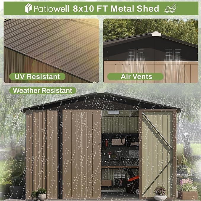 Patiowell 8x10 FT Outdoor Storage Shed, Large Garden Tool Metal Shed with Sloping Roof and Lockable Door, Outside Sheds for Backyard Patio Lawn, Brown