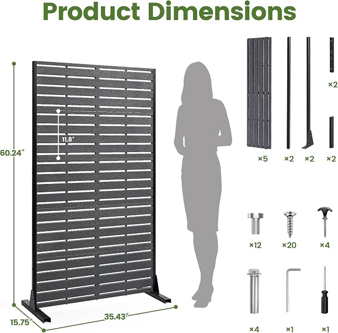 Privacy Screen Outdoor 60" H HDPE Decorative Freestanding Privacy Panel, Garden Divider Panels with Sandblasting Louvered Design, Privacy Screens Fence with Stand for Outside, Patio, Balcony