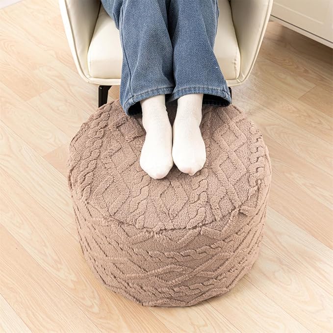 Poofieotto Round Ottoman Stuffed 20x12 Inches Floor Pouf Chair for Living Room Bedroom Modern Foam Pouf Ottoman Foot Rest for Couch Home Décor Pouffe (Light Coffee Pouf with Filler)