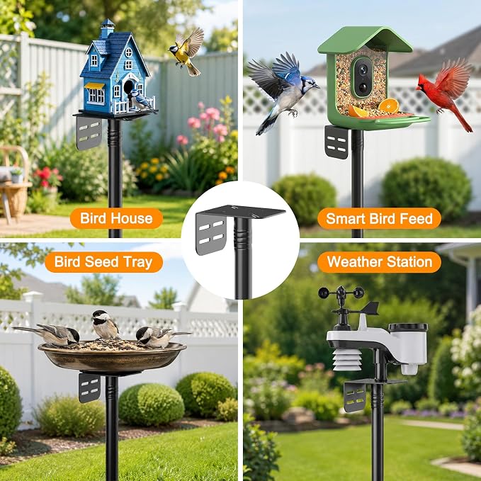 tinnmao Bird Feeder Pole 100 Inch with Squirrel Baffle and 4 Feeder Hooks | Heavy Duty Adjustable Bird House Pole with Top and Side Mount for Smart Feeders, Bluebird Houses, Yard and Garden
