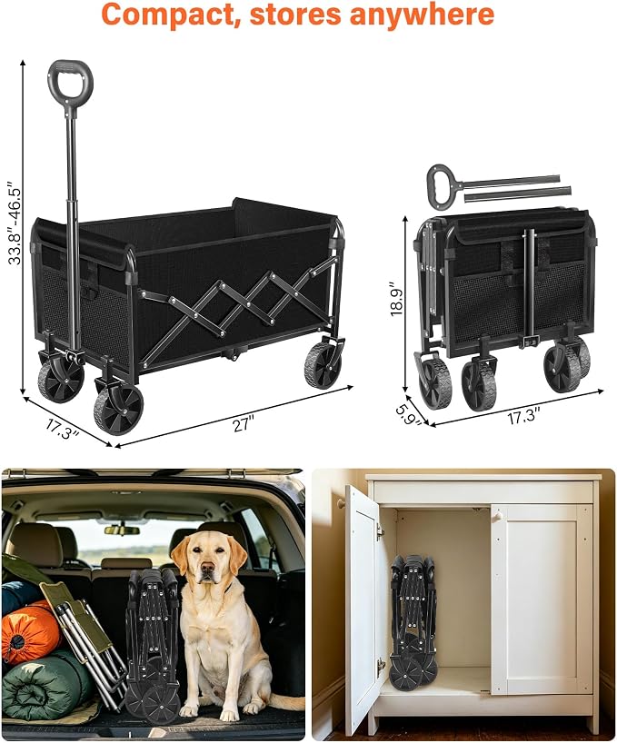 Wagons Carts Foldable - Collapsible Folding Wagon, Portable Folding Wagon Cart with Wheels, Outdoor Utility Carts for Groceries, Camping, Sports, Shopping, Garden, Black