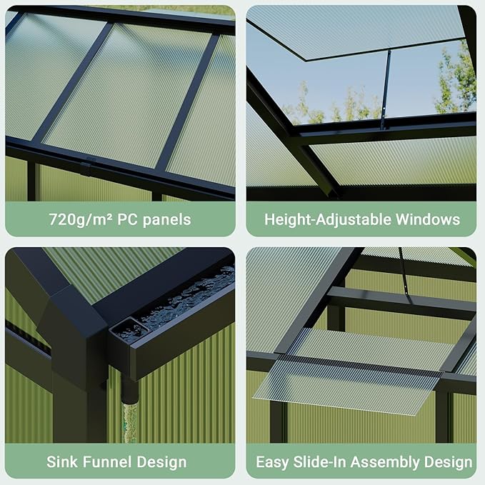 GarveeHome 6X8 FT Greenhouse, Walk-in Greenhouse Kit with Aluminum Frame, Polycarbonate Panels, Adjustable Roof Vent, Sliding Door, Secure Lock for Outside Garden, Patio, Backyard