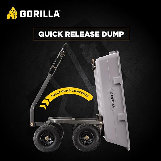 Gorilla Carts Heavy-Duty Poly Dump Cart, 5 Cu Ft Tub, 800 lb Haul Capacity, Gray – Towable Utility Wagon with Quick-Release Dumping & Pneumatic Tires for Yard, Landscaping and Gardening