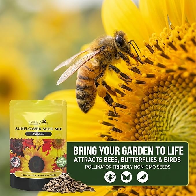 NatureZ Edge 1300+ Sunflower Seeds Garden Variety Pack, Bulk Sunflower Seeds for Planting Flowers, Get More Sunflower Seeds to Plant, Mammoth, Dwarf, Lemon Queen, Giant and More. 2oz Packet
