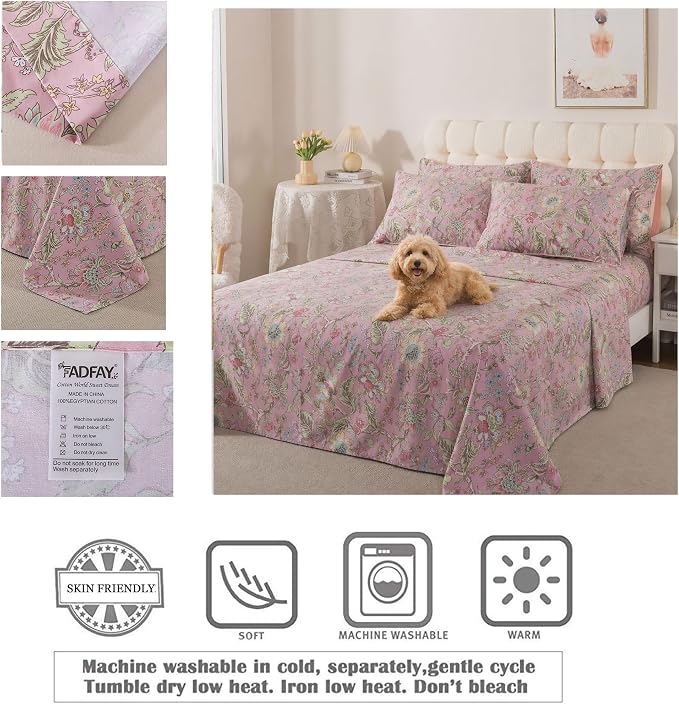FADFAY Twin Sheet Set 4Pcs 100% Egyptian Cotton Bed Sheets Deep Pocket Soft Breathable Vintage Misty Pink French Country Bedding Shabby Cottagecore Floral Bedding Luxury Hotel Quality for All Seasons