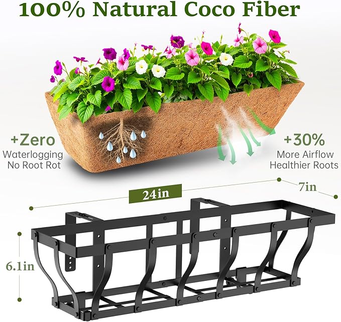 VOXOR Railing Planter Boxes, Heavy Duty Window Box Planters, Adjustable Balcony Planters for Railing Hanging, with Coco Liner for Deck, Porch, and Patio Gardening (3 Pack, 24 Inch)