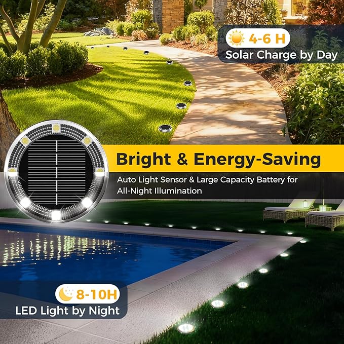 30 Pack Solar Ground Lights Outdoor, 8 LED Mini Flat Solar Disk Lights, IP65 Waterproof Anti-Rust Disc Light, Landscape Lighting for Garden Pathway Yard Walkway Driveway Lawn,Cool White