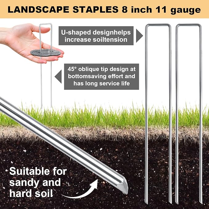 8 Inch Landscape Staples Set, 200Pcs U-Shaped Landscape Staples and 200Pcs Fixing Gasket with 1 Pcs Pick Hook for Weed Fabric & Landscaping 100 Pack