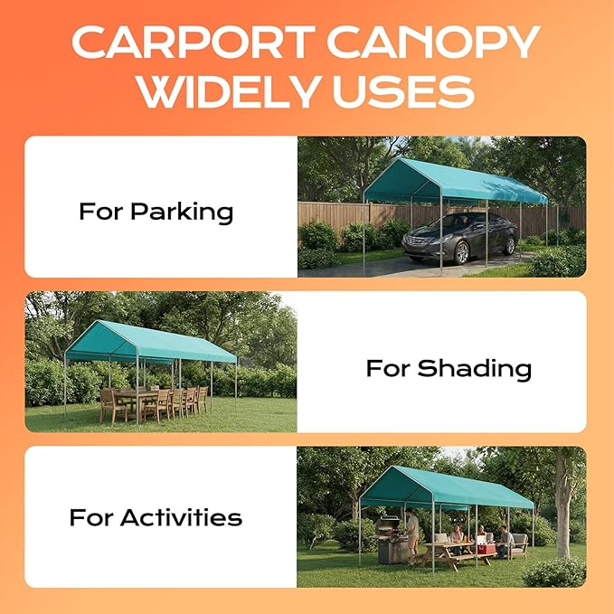 COWVIE 10 x 20 FT Carport Canopy Replacement Cover, with 46Pcs Long Ball Bungees, Waterproof Garage Top Tent Shelter Tarp, Only Top Cover