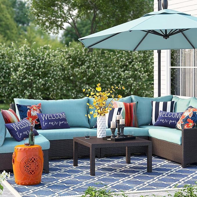 Merrycolor Pack of 2 Navy Blue Outdoor Waterproof Lumbar Pillow Covers 12x20 Decorative Waterproof Outdoor Pillows for Patio Furniture (Welcome)