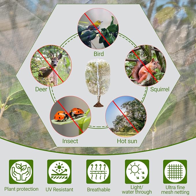 2 Pack Bird Netting for Fruit Trees with Zipper & Drawstring – 3.3x4.6FT Garden Plant Covers, Reusable Protection for Blueberry Bushes, Tomato Plants, Cherry Trees – Blocks Birds, Cicadas & Pests