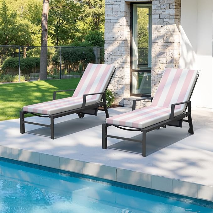 Crestlive Products Outdoor Chaise Lounge Cushions Set of 2, 3 Years Fade Resistant Water Resistant Lounge Chair Cushion, 72''L x 21''W, Pink White Stripe