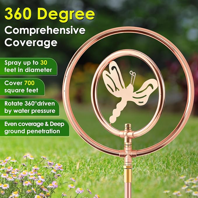 34" H Copper Coated Stainless Steel Ornamental Sprinkler, Corrosion Resistant Garden Rotating Sprinkler 360 Degree Shape Decorative for Lawn Garden Landscape(Double Ring Butterfly)