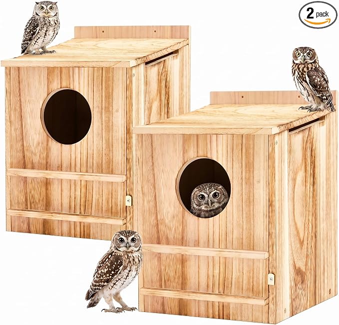 Novabright 2 Pcs Large Great Horned Owl House, 16" x 12" x 11" carbonized Weatherproof Wooden Nesting House for Screech Owls, Boreal, Northern Pygmy, Saw-whets, Elf, Flammulated and Others