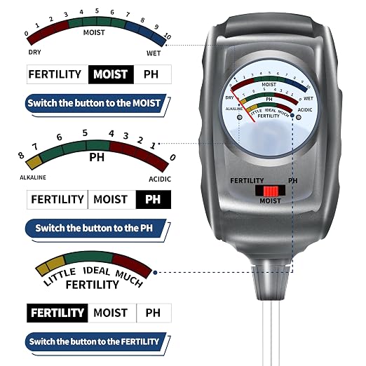3-in-1 Soil Test Kit, Soil Moisture Meter/Soil ph Meter/Fertility Soil Tester, Soil Hygrometer for Garden,Plant,Farm, Indoor, Outdoor, Lawn Care Moisture Meter for Hous Plants. (Black Silver)