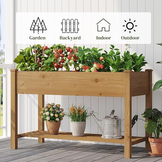 Wooden Raised Garden Bed, Planter Box with Legs, Garden Planter with Divider Bag for Backyard, Patio, Balcony, Planter Stand Box for Herbs and Vegetables (Brown-M)