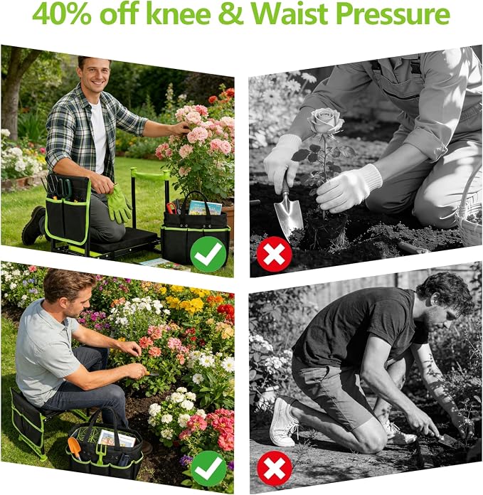 Garden Kneeler and Seat, Heavy Duty Gardening Stool with 1.8" Thick Detachable Kneeling Pad, Foldable Bench Chair with 2 Tool Pouches for Knee & Back Pain Relief for Women, Men, Seniors (Green)