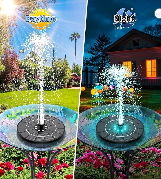 SZMP Solar Water Fountain, 2026 Upgrade 3.5W Solar Bird Bath Fountain Pump with Color LED Lights, 7 Nozzles & 4 Fixed Rods for Garden, Patio, Pond, Pool, Fish Tank, Outdoor Water Feature
