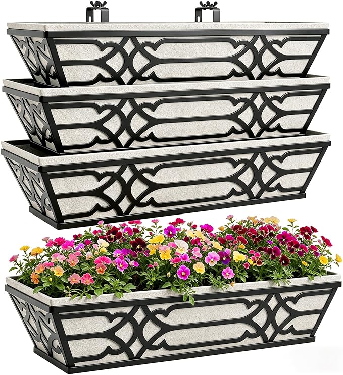 Window Planter Box, Railing Planter Box with Non-Woven Fabric Liners, 4 Pack 24" Hanging Flower Baskets for Outdoor Plants, Metal Deck Railing Planters with Adjustable Brackets, Apartment Balcony