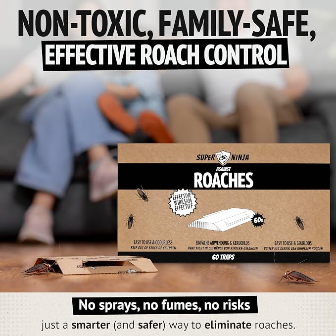 Super Ninja Roach Traps Indoor – 60 Pack, Roach Killer Indoor Infestation Control, Safe & Toxin-Free Cockroach Trap with Food Attractant, Nature-Friendly Pest Solution for Home, Garage & Shed