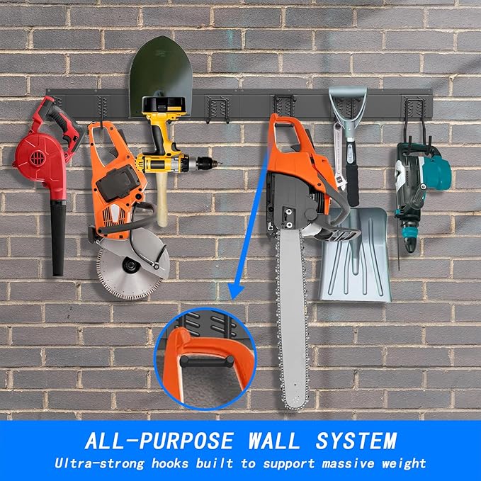 CBWLWJ Garage Tool Organizer Wall Mount, 48 inch Garage Wall Organizer, 400lbs Sturdy Garden Tool Organizer with 7 Adjustable Hooks, for Yard, Shed, Basement, Workshop(Black)