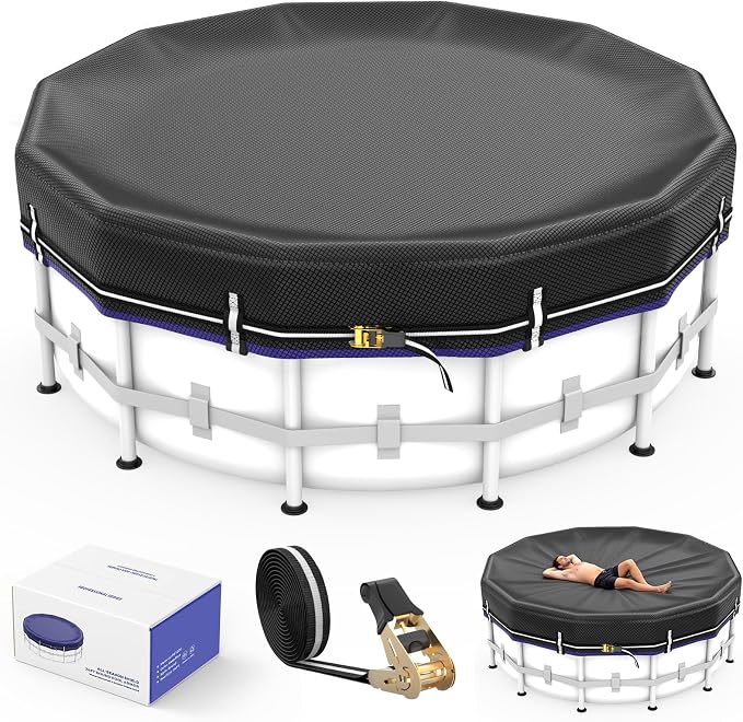 LXKCKJ 30 Ft Round Pool Covers for Above Ground Pools, Extra Thick 185G PE | 100MPH Windproof with Fast Tightening Ratchet & Weight Rings, 600LB Tear-Resistant, Waterproof 12000PA, Cold-Resistant,UPF50+