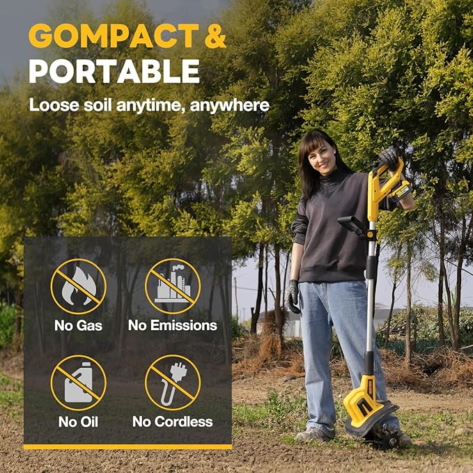 Alloyman 20V Cordless Tiller Cultivator, 360RPM Electric Garden Tiller, with 2 * 4.0Ah Batteries & Charger, 9In Tilling Width and 6.6In Depth Garden Rototiller for Lawn/Gardening/Soil Cultivation