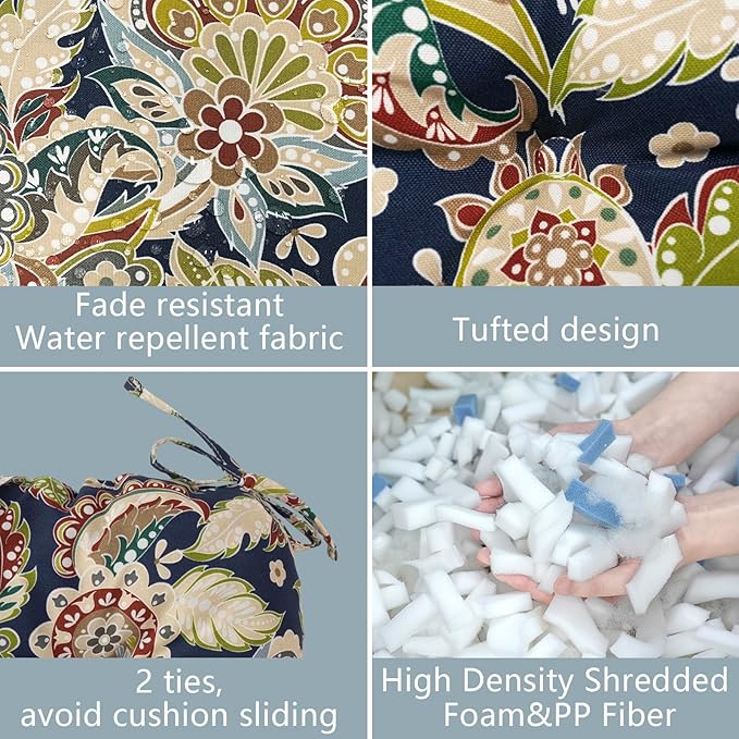 LVTXIII Outdoor/Indoor Tufted Seat Cushion, Decorative Wicker Chair Pads All Weather Seat Cushion Sets for Patio Garden Home Office Furniture, 19"x19"x4", Round Back, Pack of 2, Paisley Sapphire Blue
