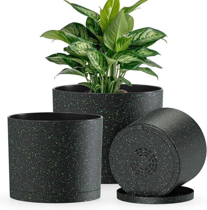 Plant Pots, 10/9/8 Inch 3 Pack Cylindrical Flower Pots with Drainage Holes and Saucers, Plastic Planters for Outdoor Indoor Plants, Black with Green Speckles
