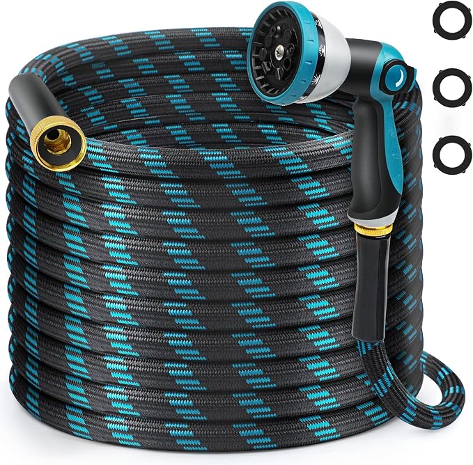 Gardentime 50FT Non-Expandable Garden Hose, Heavy Duty Flexible Water Hose with Leakproof 3/4" Fittings 10 Modes Spray Nozzle, Kink-Free, Lightweight & Durable for Yard, Lawn, Garden & Outdoor Use