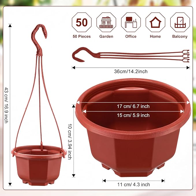 Roshtia 50 Pcs 6.7 Inch Plastic Hanging Plant Pots with Hooks Flower Pots Baskets Outdoor Hanging Nursery Planter Holder for Home Garden Balcony Porch(Brown)