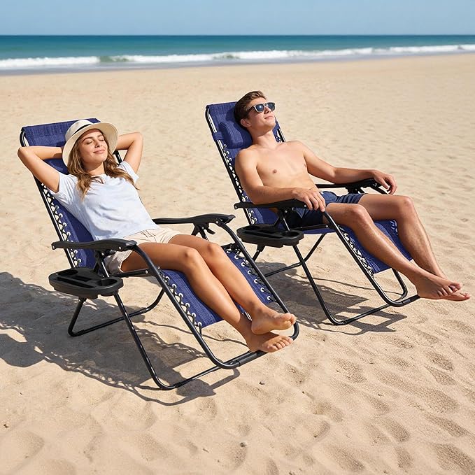 Zero Gravity Chair Set of 2 Oversized Folding Recliner, Padded Anti Gravity Lounge Chair with Adjustable Pillow & Cup Holder for Outdoor Camping, Patio, Poolside, Lawn (Blue)