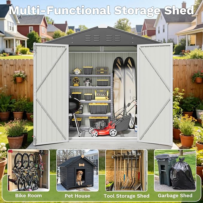 Greesum 6x4FT Outdoor Storage Shed with Base, Utility Tool Shed with Sloping Roof, Metal Storaged Garden Shed with Door & Lock for Patio Storage, White