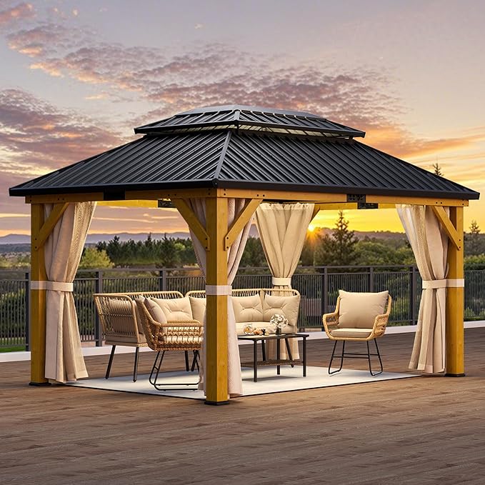 YITAHOME 13x15ft Wood Gazebo Outdoor Wooden Frame Double Roof Hardtop Galvanized Steel Top Canopy w/Curtain and Netting, Patio Heavy Duty Gazebo for Deck, Backyard, Beige Yellow